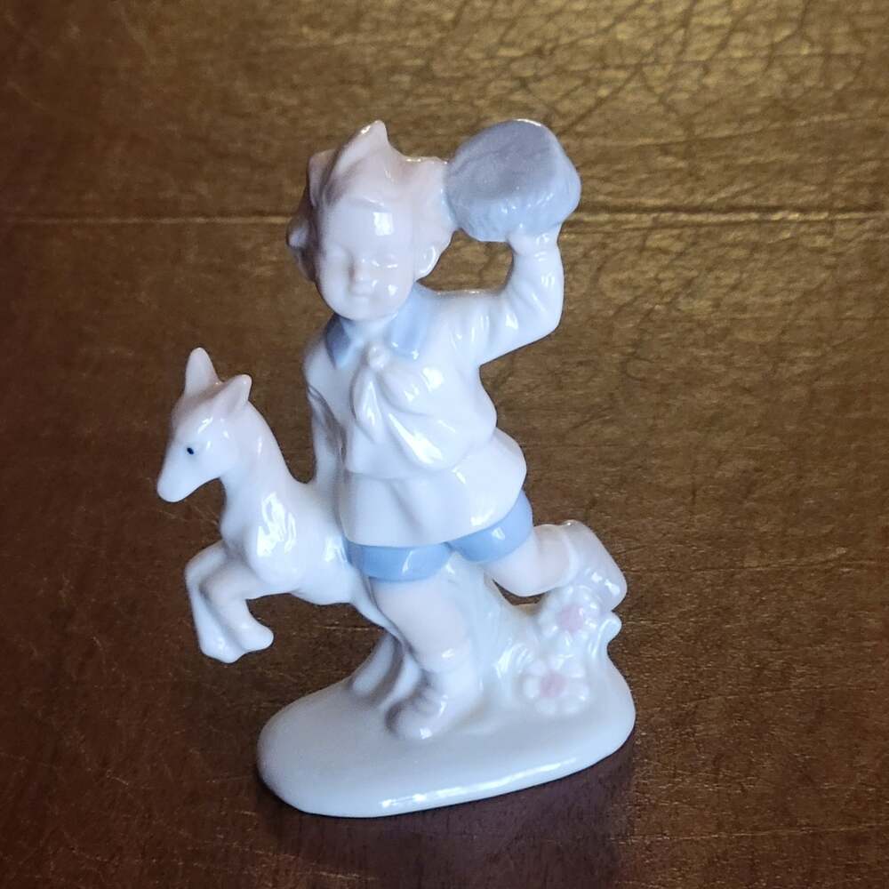 Vintage Lego Japan Boy & Dog Figurine Fine Porcelain Pastels High Gloss 1970s